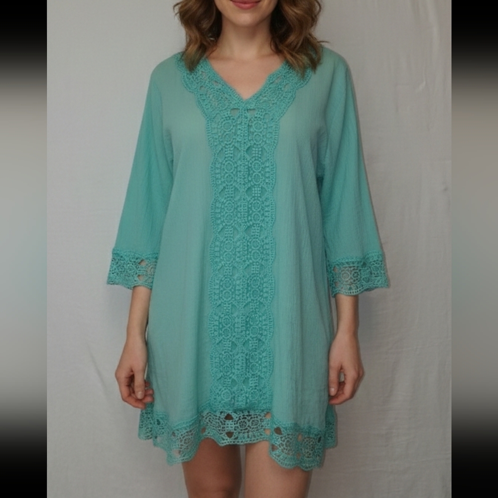 Isaac Mizrahi Teal Tunic with Pink Label Cochet Beach Cover Up SzL